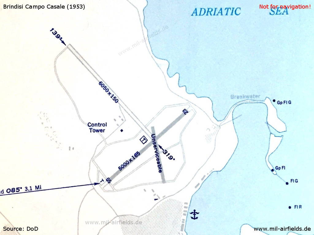 Map of Brindisi Campo Casale Airfield and Seaplane Base, Italy, 1953