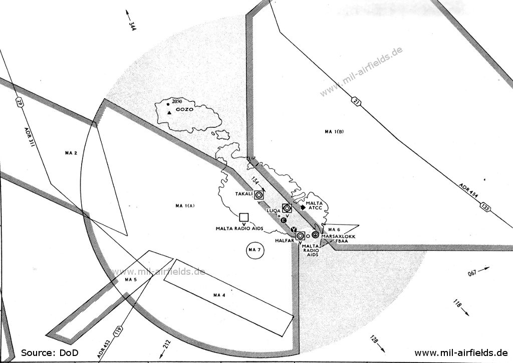 Map with radio beacons and airways, Luqa, Hal Far, Takali, Malta 1955
